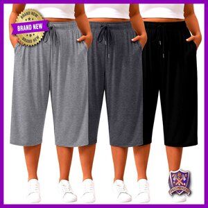 Plus Size High Waist Wide Leg Cropped Sweatpants 3 Pack with Pockets